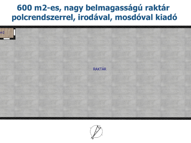 600 m2-es raktár polcrendszerrel, irodával, mosdóval kiadó