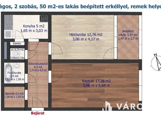 Világos, 2 szobás lakás beépített erkéllyel, remek helyen