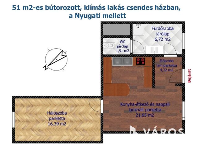 51 m2-es bútorozott lakás csendes házban, a Nyugati mellett