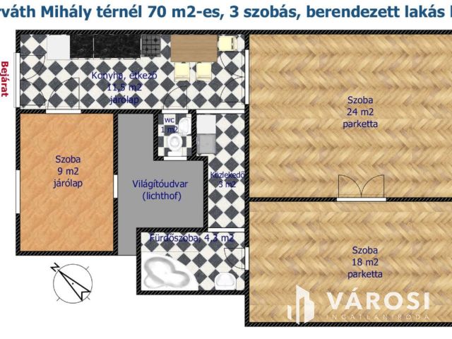 Horváth Mihály térnél 70 m2-es, 3 szobás, berendezett lakás